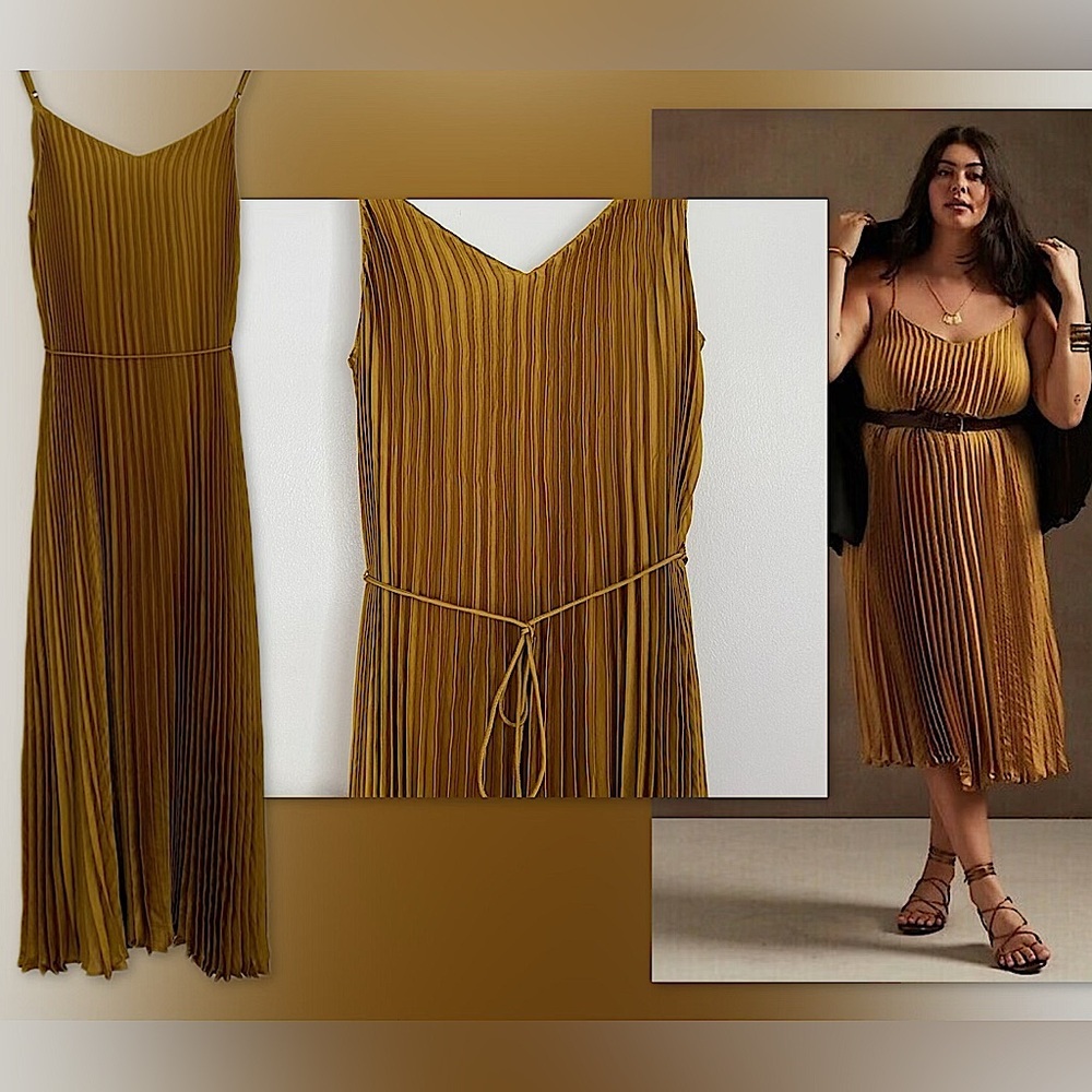 💛Banana Republic Satin Pleated Midi Dress in Gold Ochre, M Tall, NWT✨